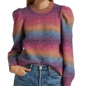 Design 365 Rainbow Striped Puff-Sleeve Sweater, Med, Wool Blend Fuzzy Maximalist